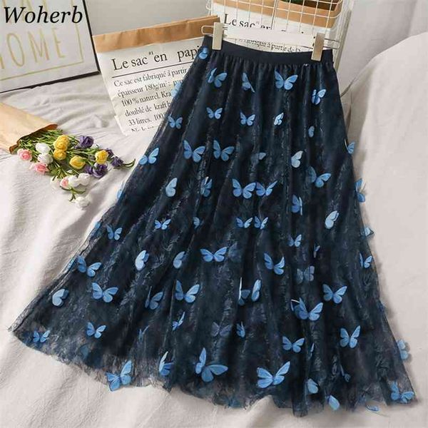 Элегантные MIDI длинные юбки женские летние бабочка патч корейский мода шикарная сетка юбка эластичная талия Faldas Mujer 210519