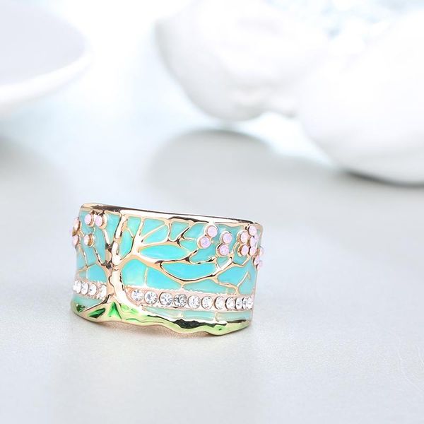 

cluster rings lucky flower tree fashion gold pink opal green enamel wide ring for woman party crystal vintage jewelry, Golden;silver