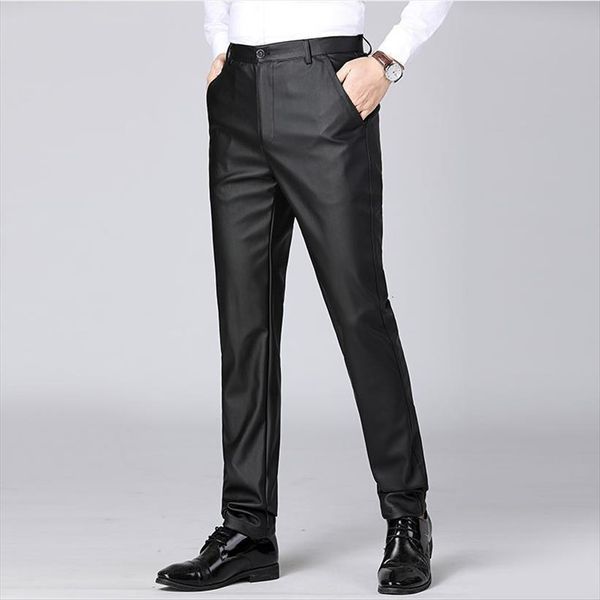

summer black leather thin slim women pants pu single layer loose straight high street full length faux