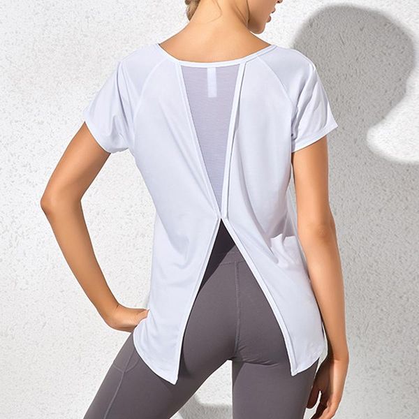 

back hollow mesh yoga t shirt women gym fitness blouse quick dry sports running short sleeve tie knot sportswear outfit