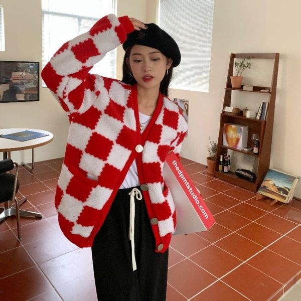 

women's jackets cmaz 2021 autumn winter thick coats for women red plaid faux lamb fur coat spring and loose, Black;brown