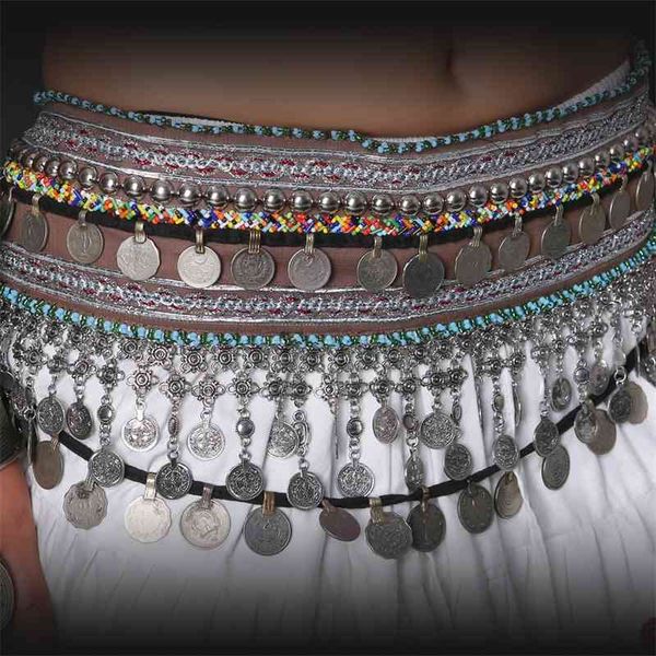 

professional tribal ats belly jewelry hip adjustable fit antique bronze beads metal chain gypsy dance coins belt, Silver