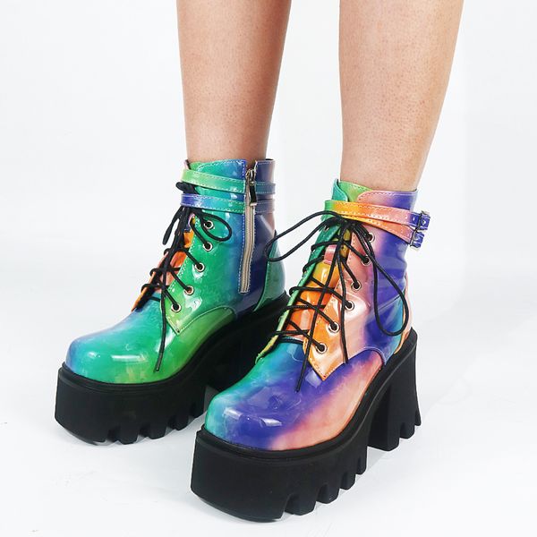 

for dropship platform chunky heels lace up ankle boots mixed color tie dye colorful cool punk autumn womens boots, Black