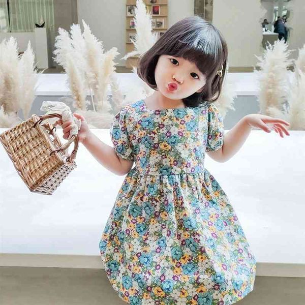 Лето Прибытие Девушки Модное Цветочное платье Дети Мини Хлопок ES 210528