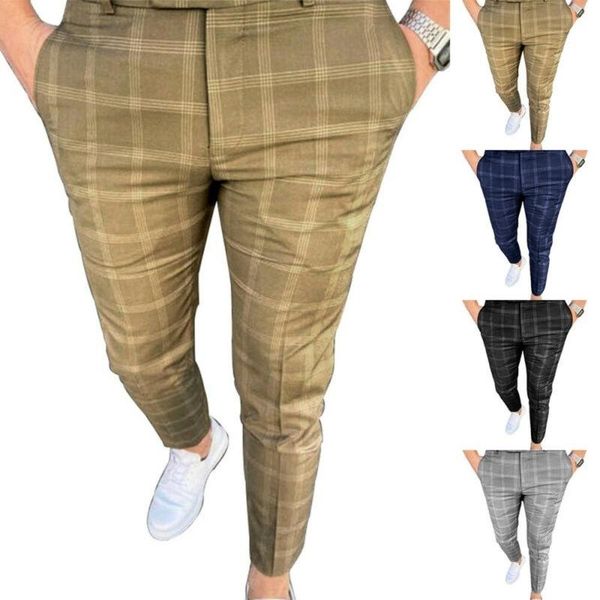 

men's jeans plaid multi-stripe skinny casual business pencil pants trousers bottoms, Blue