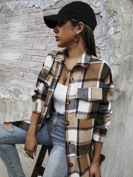

plaid flap pocket drop shoulder overcoat w54q#, Black