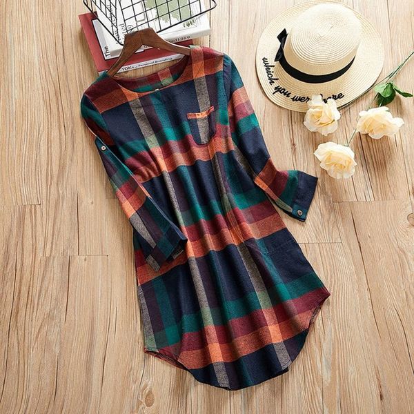 

casual dresses plaid long sleeve loose pocket women dress 2021 fashion ladies swing vintage woman vestidos robes shirt 1121, Black;gray