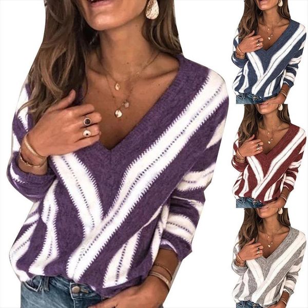 

striped long sleeve women sweater v neck loose pullover large size, White;black