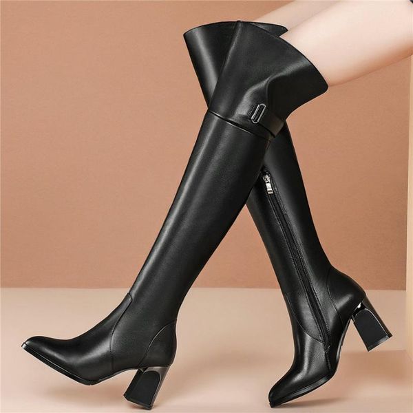 

boots thigh high casual shoe women black genuine leather over the knee female pointed toe heel winter warm pumps shoes