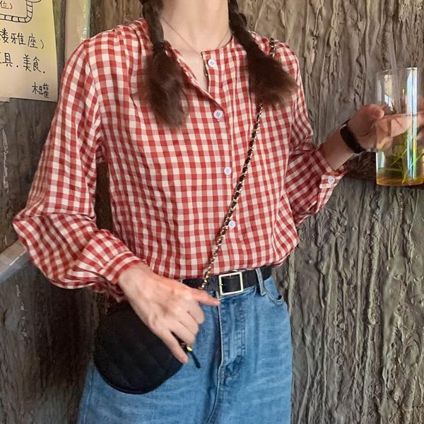 

women's blouses & shirts autumn blouse women fashion korean round neck plaid shirt loose sweet casual long-sleeved blusas mujer de moda, White