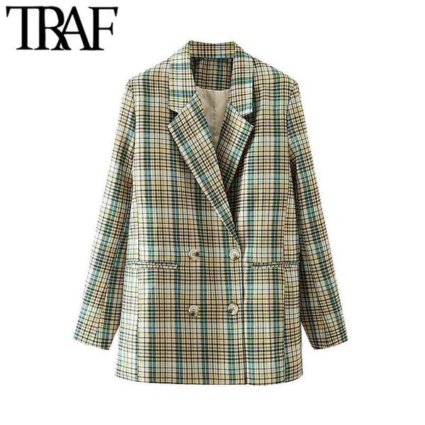 

women fashion double breasted check blazer coat vintage long sleeve pockets female outerwear chic veste femme 210507, White;black