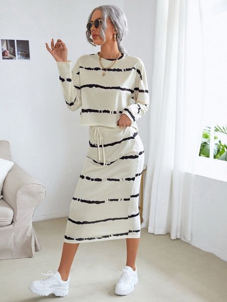 

striped print tee & drawstring skirt set 74h3#, White