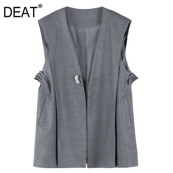 

[deat] summer fashion coat sleeveless v-neck solid color pleated temperament casual loose women vest 13q301 210527, Black;white