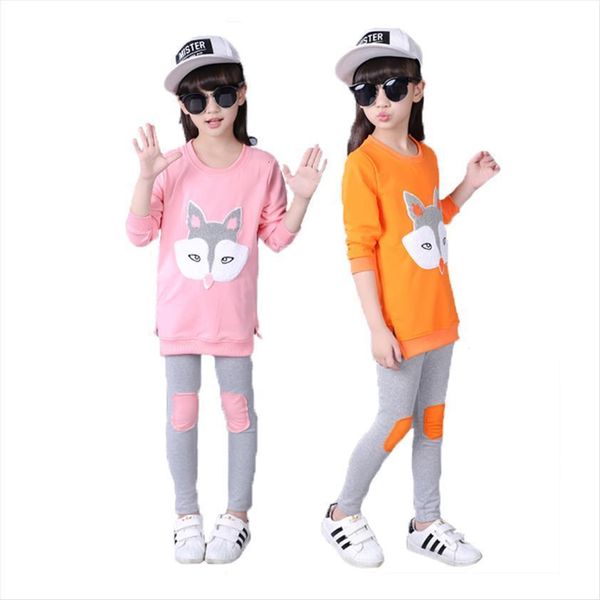 

girls clothing set cartoon fox head for clothes casual full sleeve t shirt pants kids suit chidren, White