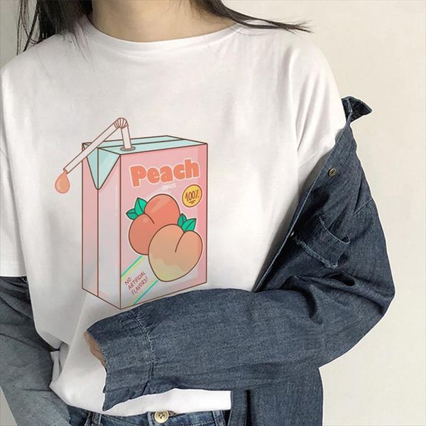 

japanese cute peach box women drink pattern simple kawaii vouge print female casual fashion summer tee, White
