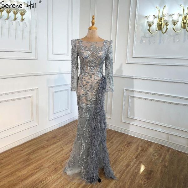 

serene hill grey mermaid split luxury evening dresses gowns 2021 elegant beadings feathers formal women party night bla70828, White;black