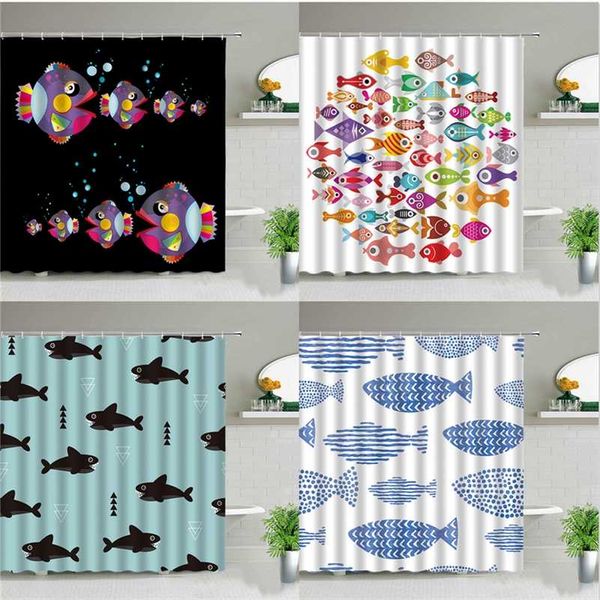 Cartoni animati colorati Fish Shark Tende da doccia Ocean Life Bagno per bambini Decorazioni per la casa Tenda di stoffa Set Schermi da bagno impermeabili 211116