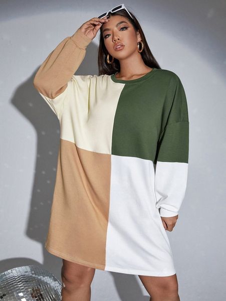 

plus cut and sew drop shoulder sweatshirt dress 65fv#, Black