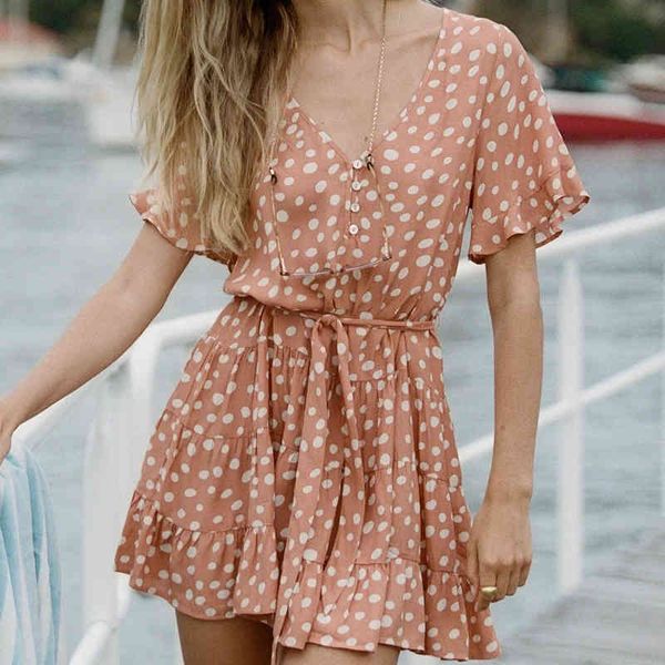 

women v neck dot print ruffles mini dress summer casual short sleeve button lace-up boho beach holiday dress vestidos 210416, Black;gray