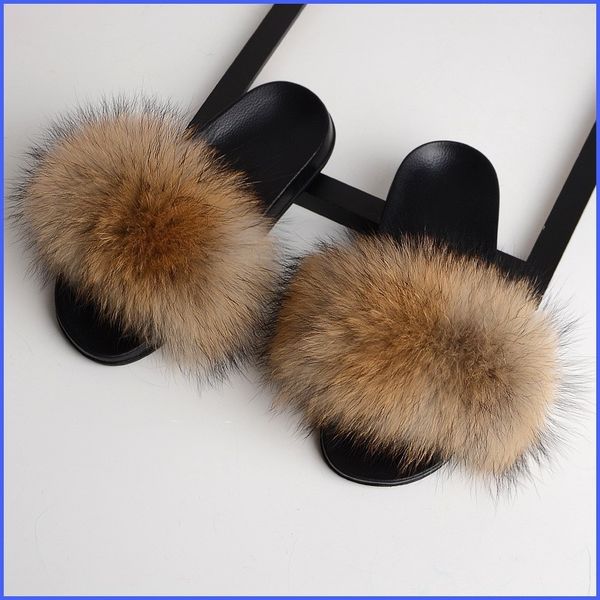

furry slippers women fox fur slides summer fluffy woman shoes home cute plush sandals indoor female footwear outside luxury new, Black