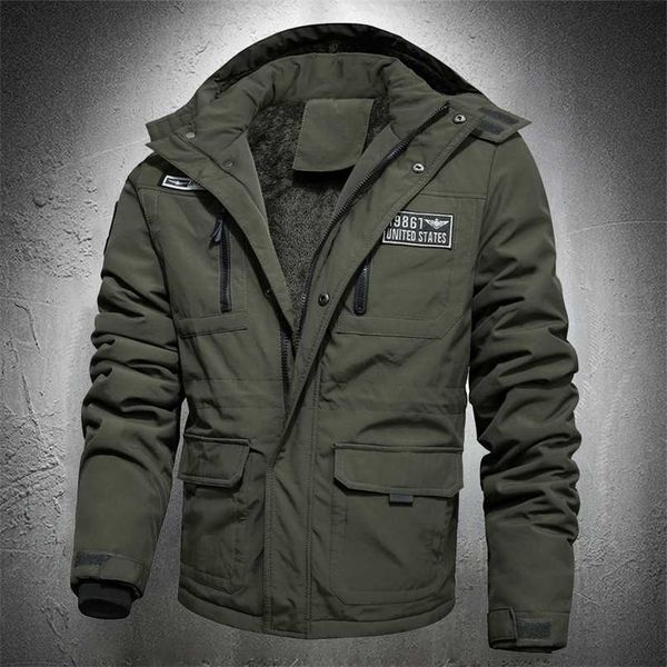 

men military jacket cotton hooded outwear parkas winter fashion tactical army coat plus size m-5xl 211008, Black
