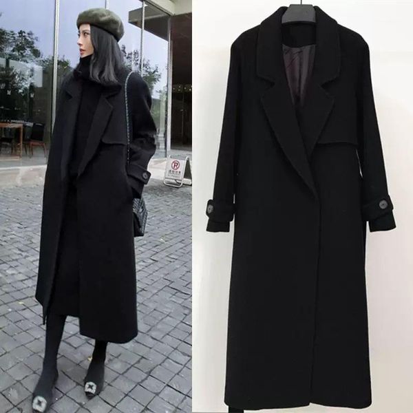 

autumn and winter slimming woolen overcoat women's mid-length wool & blends, Black
