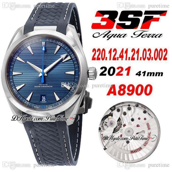 3SF Aqua Terra A8900 A8900 Mens Automático Relógio de Aço Azul Horizontal Teca padrão Dial Stick Borracha com Linha Branca Super Edição 2220.12.41.21.03.002 puretime 01a1