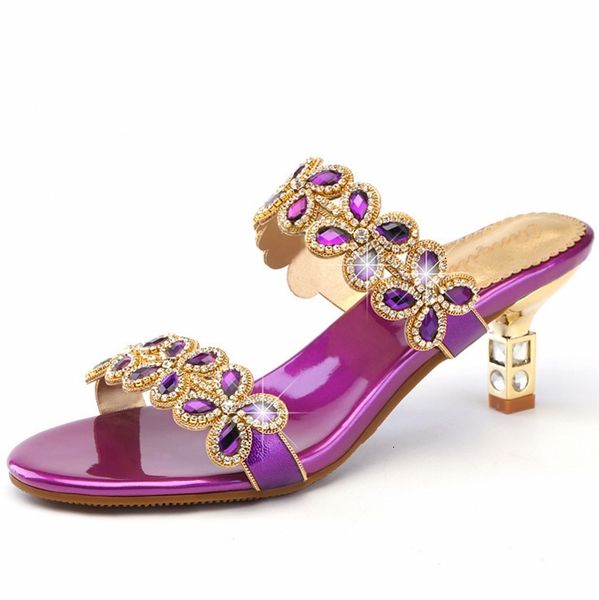 

gold black beach shoes women rhinestone sandals summer slides crystal slippers ladies flowers heels d0035 b16r
