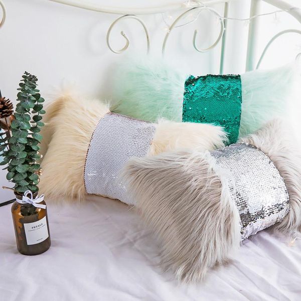 

plush faux fur lumbar pillow case fashion luxury home decorative cushion 30x50cm sequin cover cushion/decorative