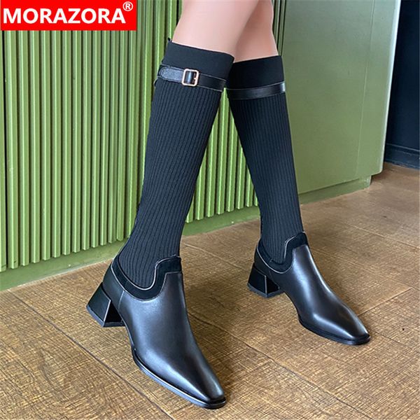 

morazora women boots low heel square toe black brown color ladies shoes genuine leather winter knee high boots 210506
