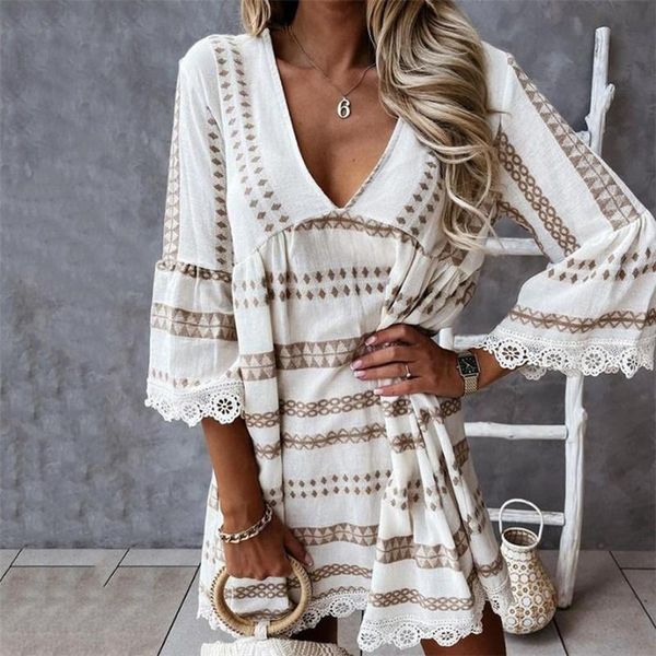 

casual dresses geometric print v neck short dress women boho long flare sleeve lace edge ruffled loose plus size clothes, Black;gray