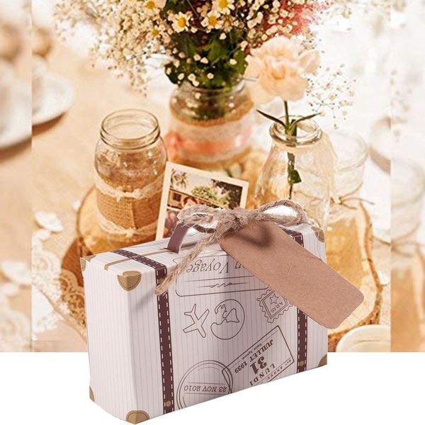 

gift wrap 50pcs mini suitcase favor box party candy box, vintage kraft paper with tags and rope for wedding/travel themed party/brid