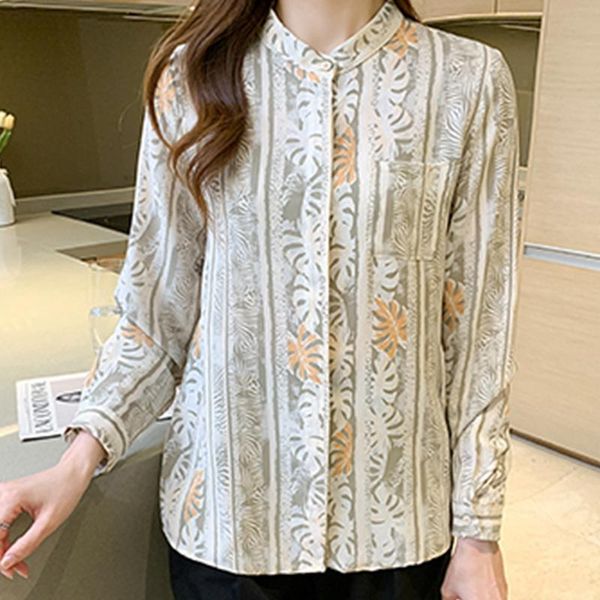 

women's blouses & shirts elegant flower print ladies spring autumn long sleeve pockets blusas mujer, White