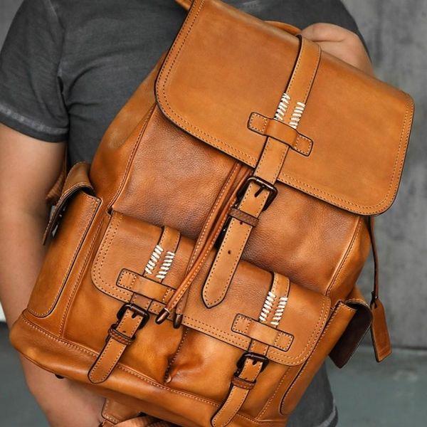 

backpack luxury genuine mens cow leather buckle pockets big capacity tactical bags mochila homme travel