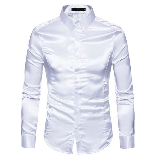 Мужская белая шелковая рубашка мода атласная мужская социальная повседневная стройная подходит с длинным рукавом платье S Male Camisa Masculina 210809