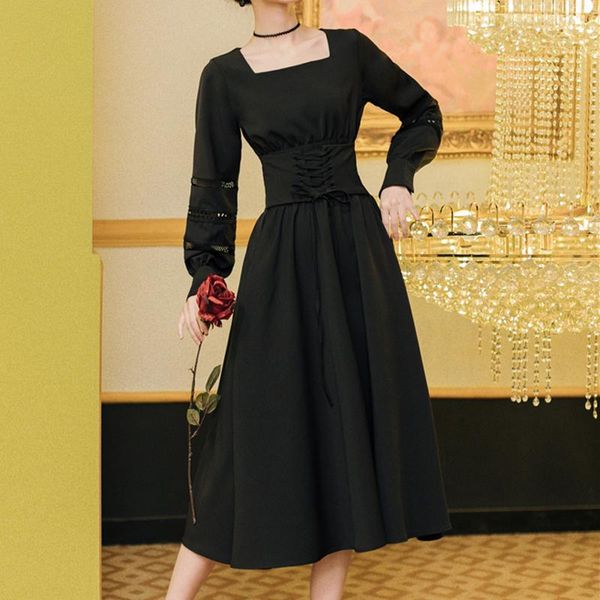 

solid color vintage dress square neck hollow lantern sleeve belt lace lolita fashion party ladies casual dresses, Black;gray