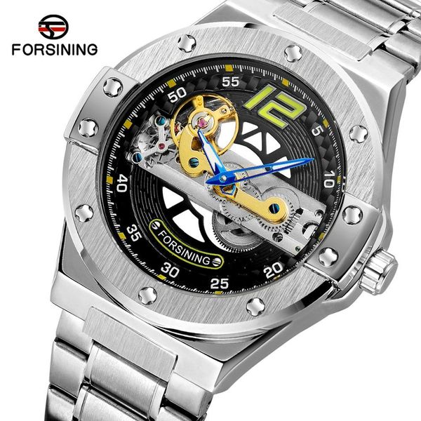 

furnishing golden bridge mechanical clock men's watch blue hand automatic transparent case stainless steel band fashion lover poison, Slivery;brown