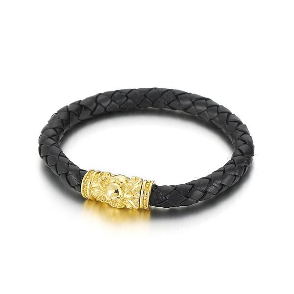 

bangle men's leather bracelet bla braided luxury vintage gold engraved stainl steel magnet clasp jewelry, Black
