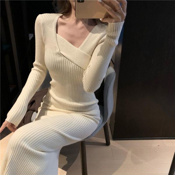 

casual dresses long sleeve knitting dress women spring autumn drop waist show thin mid-length split solid color package hip frock, Black;gray