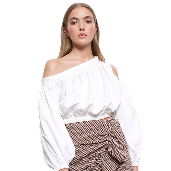 

2021 amylynn crop long puff sleeve off-the-shoulder short blouses solider color ladies shirt for summer casual, White
