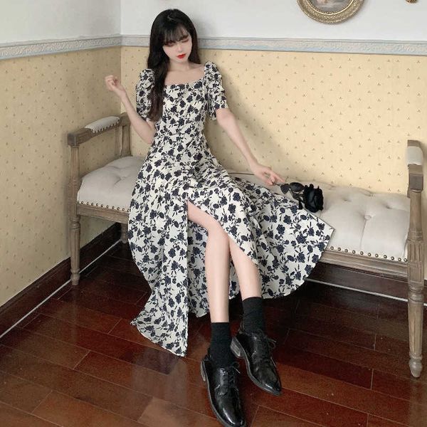 

summer style court bubble sleeve floral split slim drs with inner collar, Black;gray