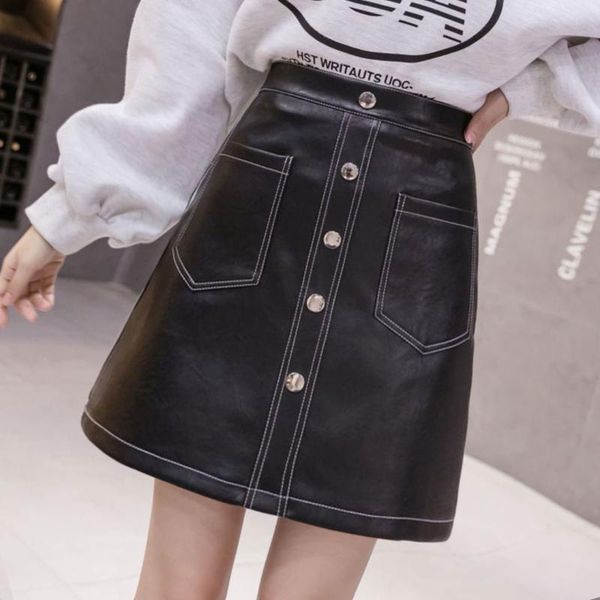 

skirts pu small leather skirt a-word spring short high waist show thin temperament bright autumn winter girl, Black
