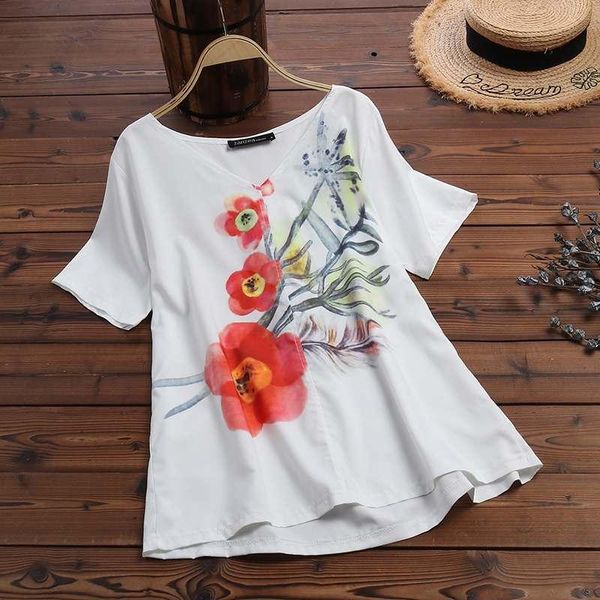 

women's blouses & shirts s-5xl summer white work blouse 2021 women floral pritned casual v neck short sleeve loose tunic female blusas
