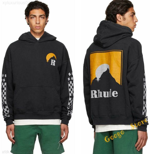 

high street oversize cotton vintage rhude hoodie men women 1:1 classic printing sweatshirts pullovers, Black