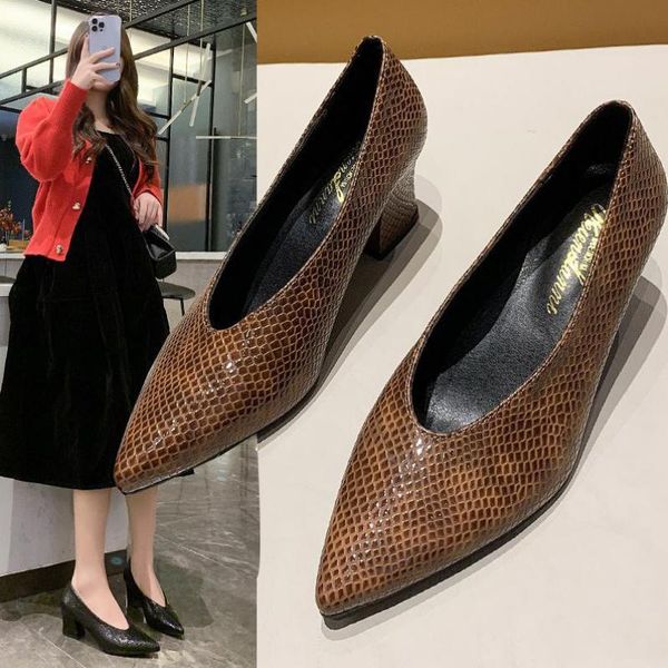 Elbise Ayakkabı Kore Versiyonu Sivri V Yaka Stiletto Tek Düşük Topuklu Retro Grandma 2022 Bahar Timsah Desen