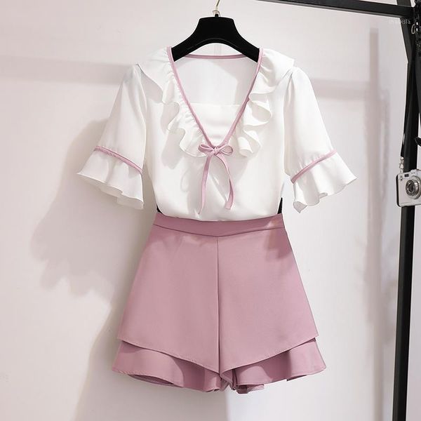 

women sweet cute two-piece set summer 2021 trumpet sleeve gentle ruffled bow high waist wide leg shorts korean women's tracksuits, Gray