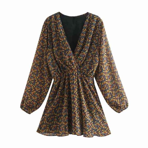 

casual dresses autumn spring fashion lady floral print v-neck za mini dress female elegant elastic high waist long puff sleeve 2ah, Black;gray