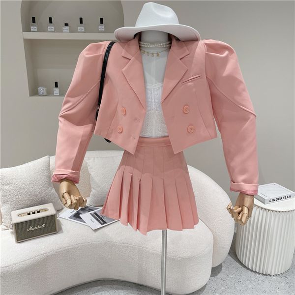 

two pieces together spring summer niche design female bubble double breasted short suit high waist thin skirt, Black