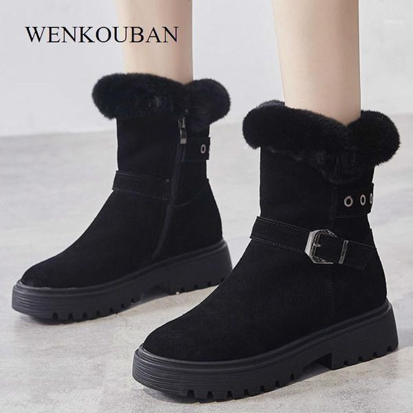 

boots women winter plush shoes casual platform mid-calf ladies buckle wedge snow female leather bota feminina 202111, Black