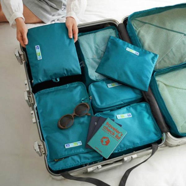

jewelry pouches, bags travel storage bag luggage 8-piece set, 6-piece sub-packing clothes, packing and sorting, large capacity, Pink;blue
